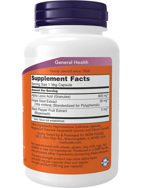 NOW Foods, Alpha Lipoic Acid 600 mg, Extra Strength, 120 veg capsules