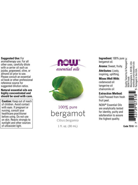 NOW Foods, Bergamot Oil, 100% Pure, 1 fl oz