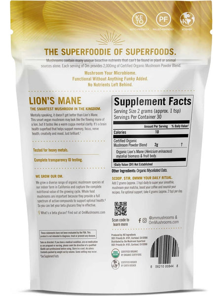 Om Mushroom Superfood, Lion's Mane Certified Organic Mushroom Powder, 2.1 oz