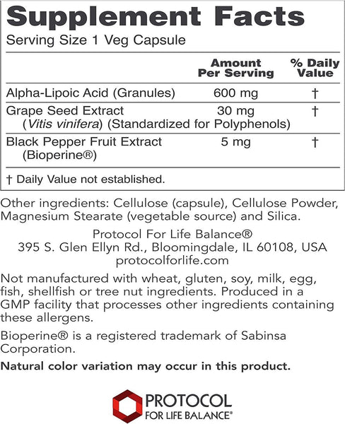 Protocol For Life Balance, Alpha-Lipoic Acid, 600 mg, 60 Veg Capsules