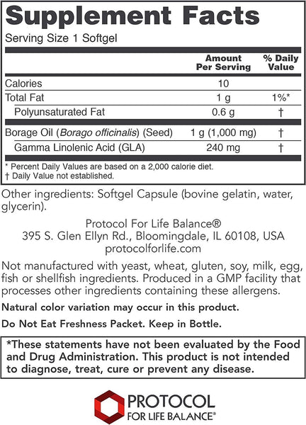 Protocol For Life Balance, Borage/GLA, 1,000 mg, 60 Softgels