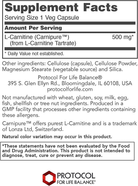 Protocol For Life Balance, L-Carnitine, 500 mg, 60 Veg Capsules