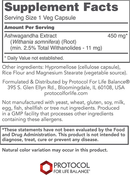 Protocol For Life Balance, Ashwaganda Extract, 450 mg, 90 Veg Capsules