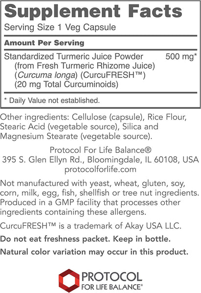 Protocol For Life Balance, CurcuFRESH, 500 mg, 60 Veg Capsules