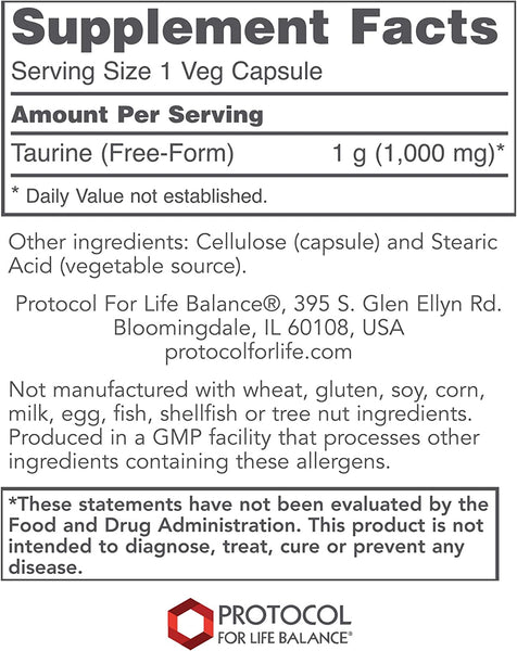 Protocol For Life Balance, Taurine, 1,000 mg, 100 Veg Capsules