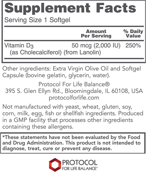 Protocol For Life Balance, Vitamin D3, 2,000 IU, 120 Softgels