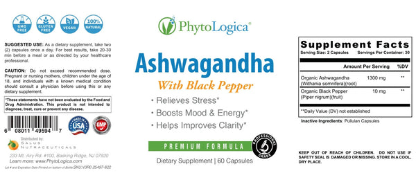 PhytoLogica, Ashwagandha, With Black Pepper, 60 Capsules