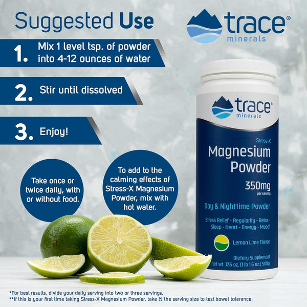 Trace Minerals, Stress X Magnesium Powder, Lemon Lime, 17.6 oz