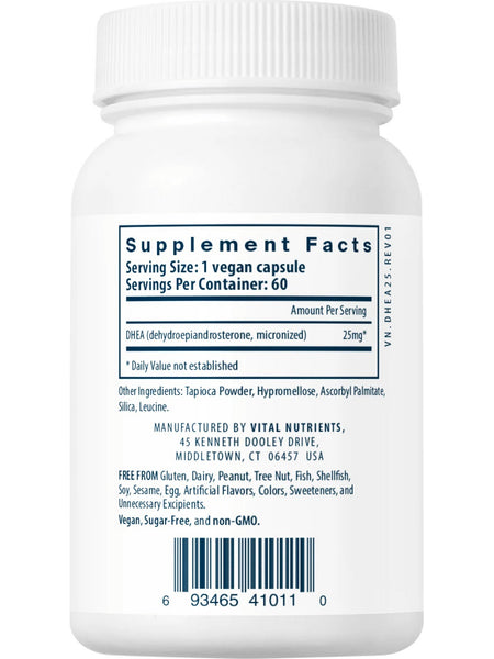 Vital Nutrients, DHEA (micronized) 25mg, 60 vegetarian capsules