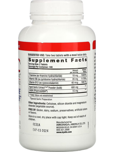 Wakunaga, Kyolic, Stress & Fatigue Relief, GABA, Vitamins B1, B6 & B12 Formula 101, 200 Tablets